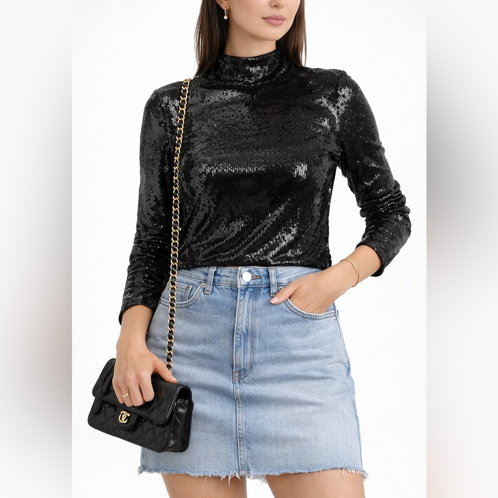 Express Body Contour Black Sequin Mock Neck Top | Long Sleeve Party Glam M
